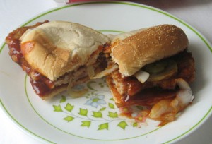 McRib sandwich on vintage Corelle