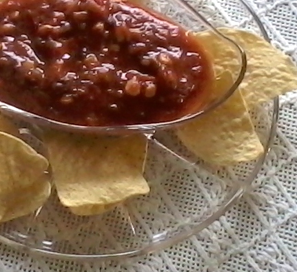 Swedish Modern glass with salsa and chips