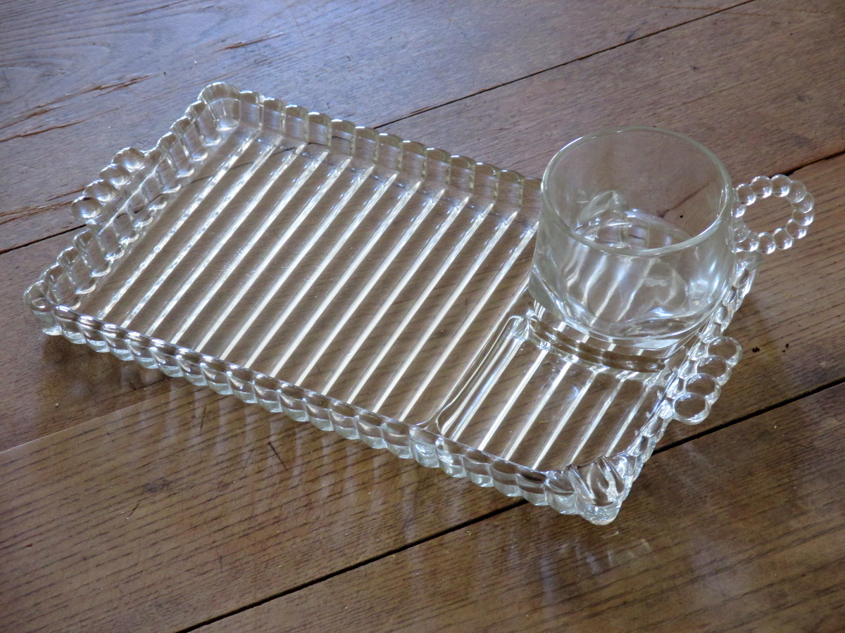 Orchard Crystal Party Set, Set of 4 Trays and Glass Cups (8) Retro Vintage  1950s