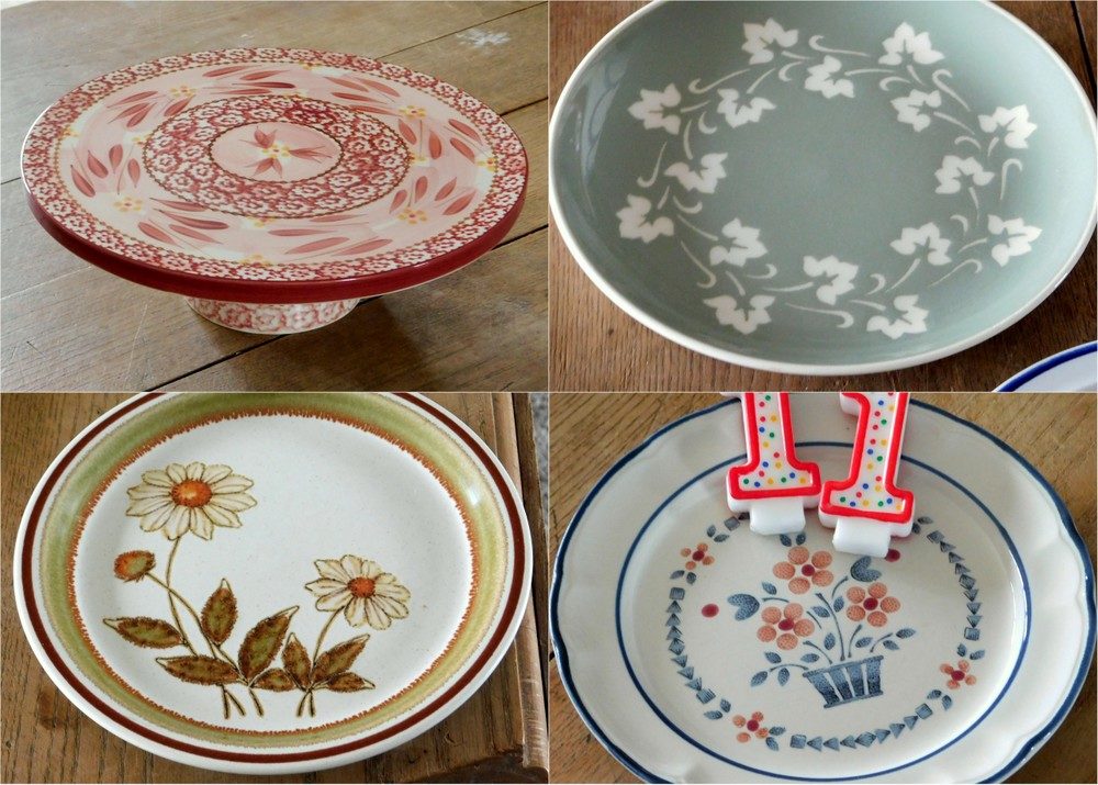 Collage of more vintage plates to choose from along with the Temp-tations cake pedestal